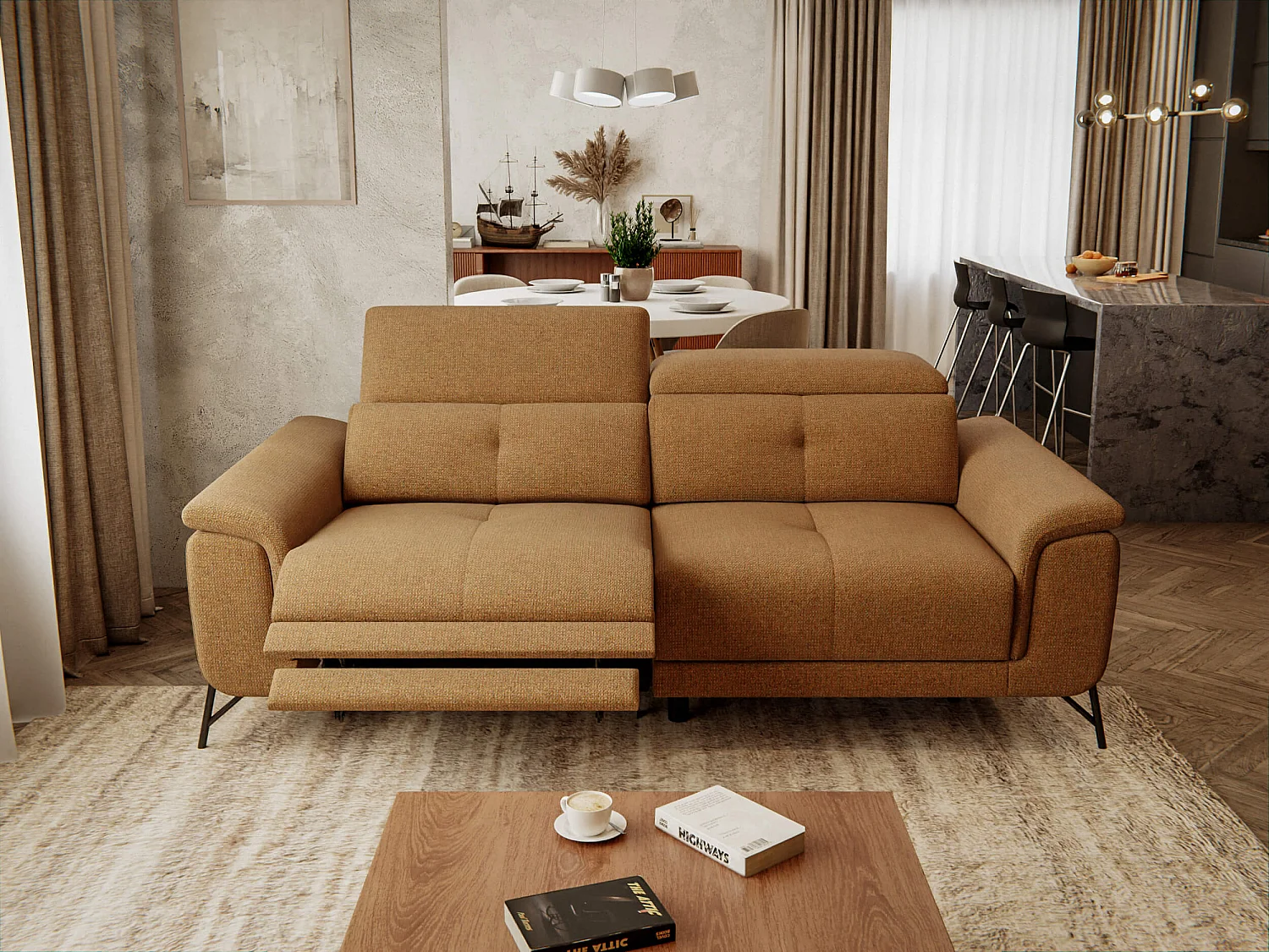 AVENA Sofa 3-Sitzer mit 1 Relaxfunktion und verstellbare Kopfstützen, orange