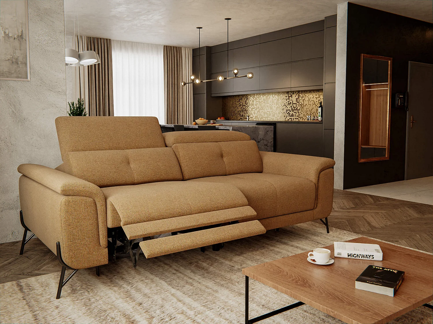 AVENA Sofa 3-Sitzer mit 1 Relaxfunktion und verstellbare Kopfstützen, orange