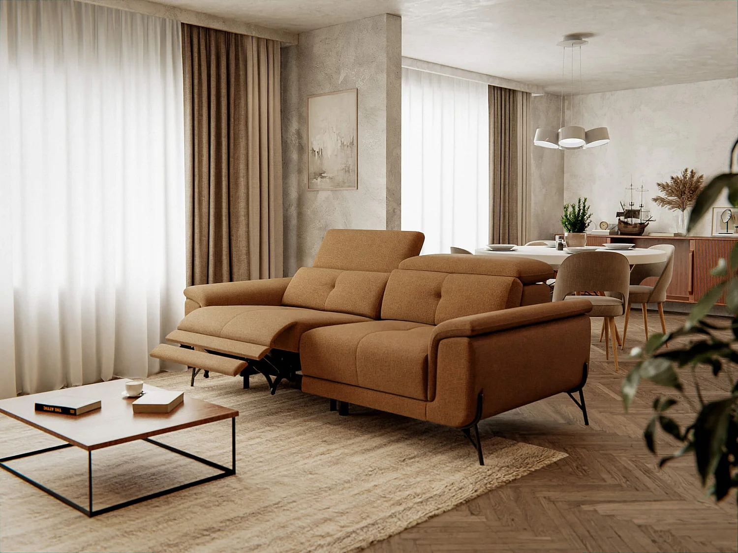 Canapé droit 3 places avec un relax électrique à gauche tissu orange - AVENA