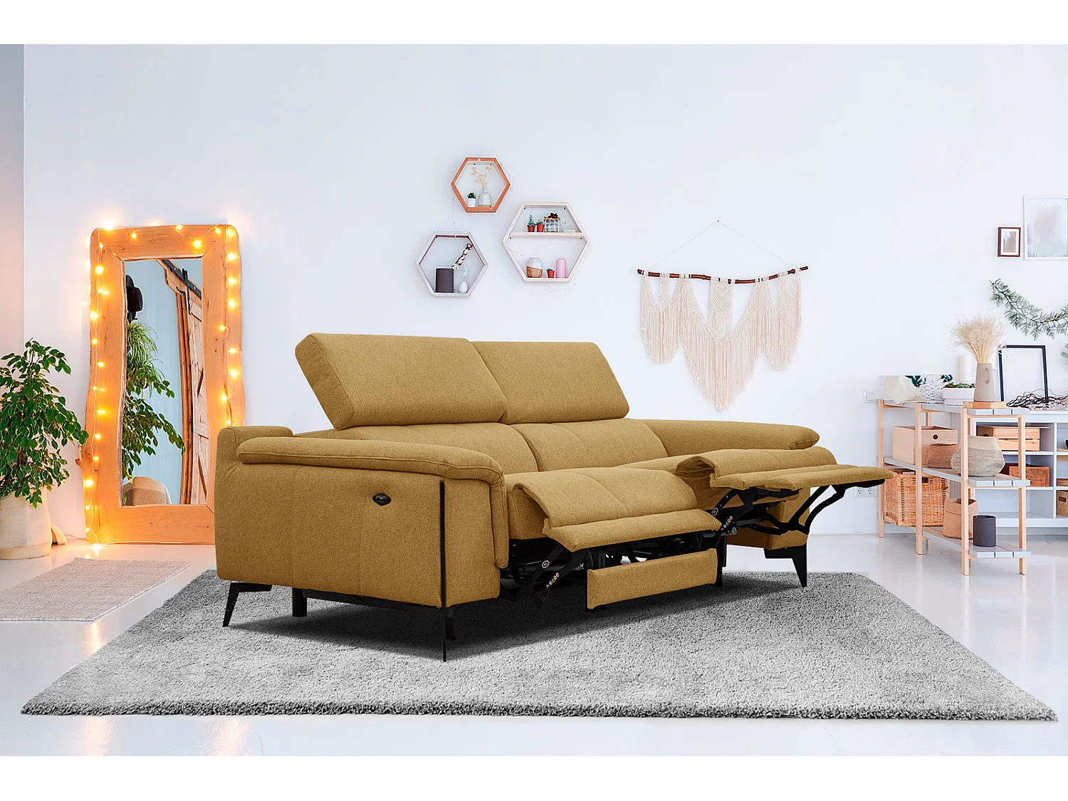 MATERA Sofa 3-Sitzer mit 2 Relaxfunktionen und verstellbare Kopfstützen, senfgelb