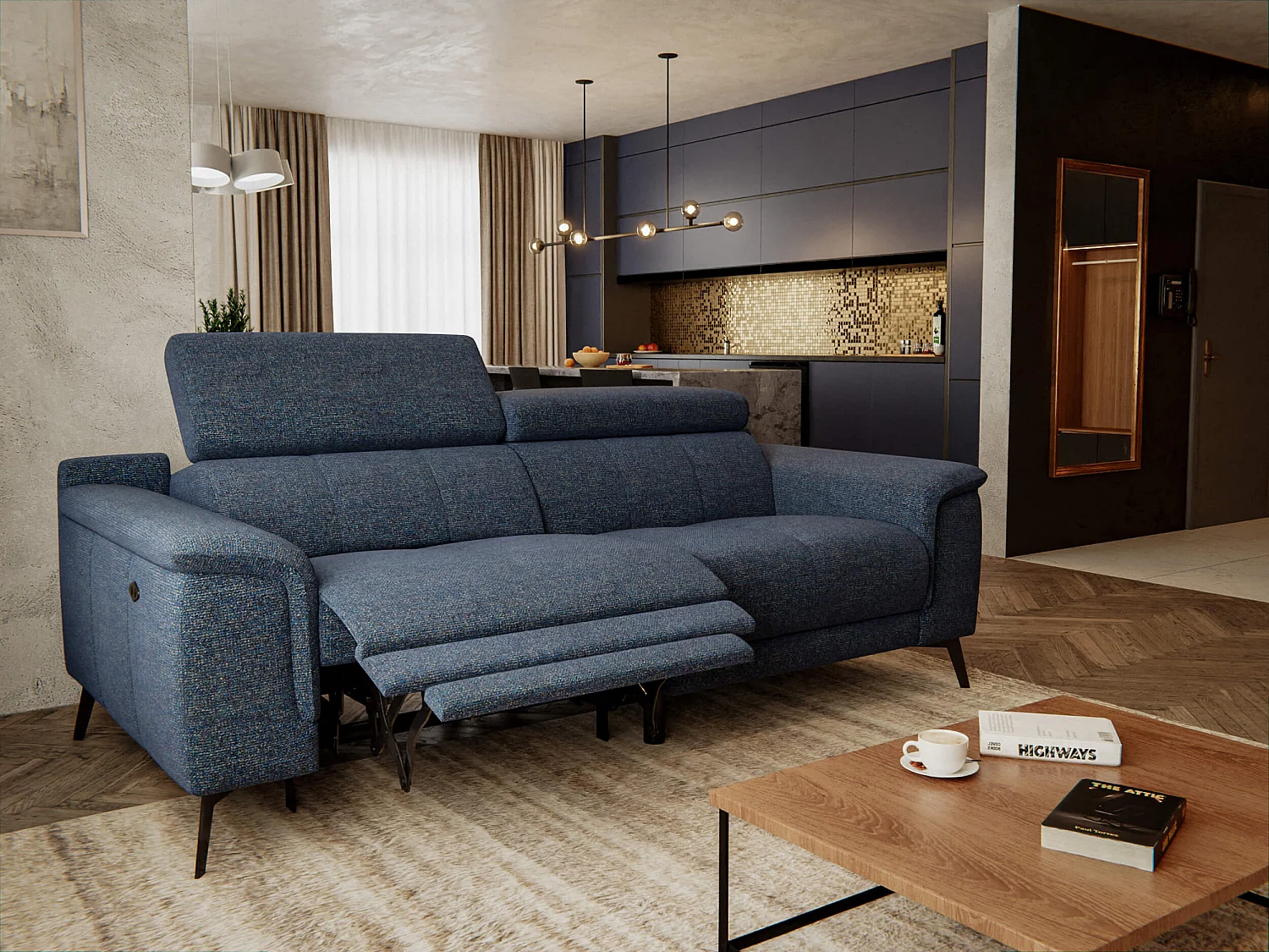 FIERO Sofa 3-Sitzer mit 1 Relaxfunktion und verstellbare Kopfstützen, marineblau