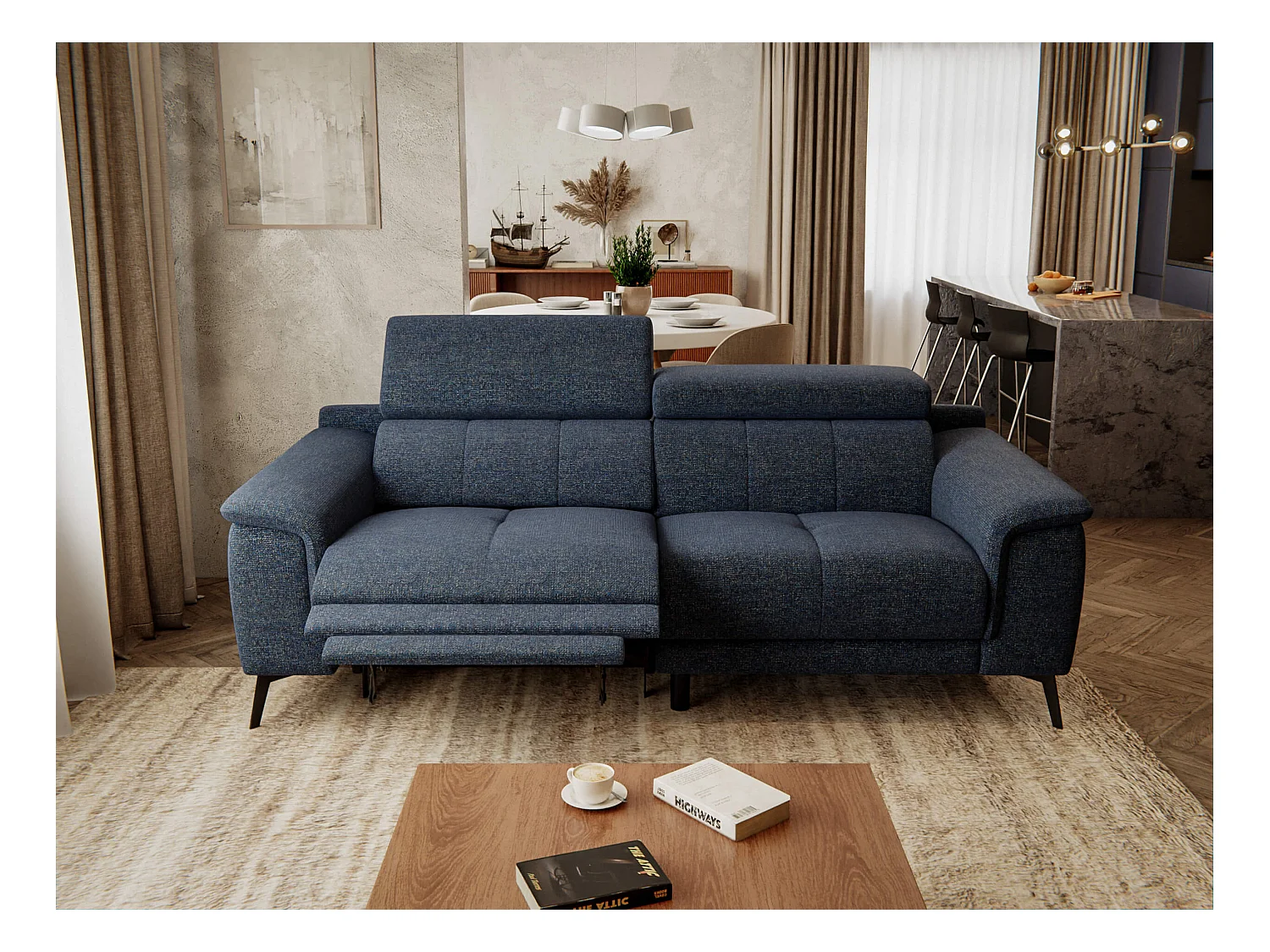 Canapé droit Fiero 3 places avec un relax électrique côté gauche tissu bleu foncé