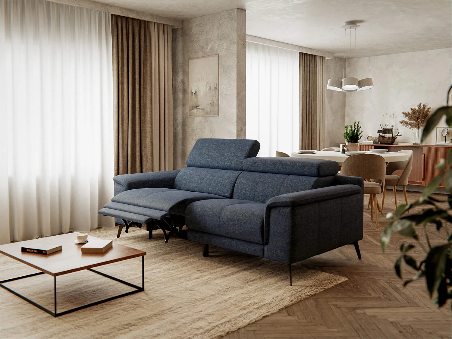 FIERO Sofa 3-Sitzer mit 1 Relaxfunktion und verstellbare Kopfstützen, marineblau