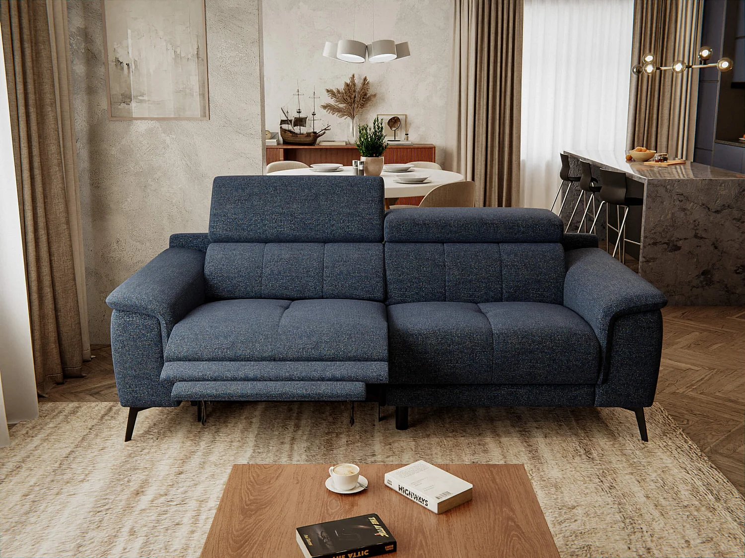 FIERO Sofa 3-Sitzer mit 1 Relaxfunktion und verstellbare Kopfstützen, marineblau