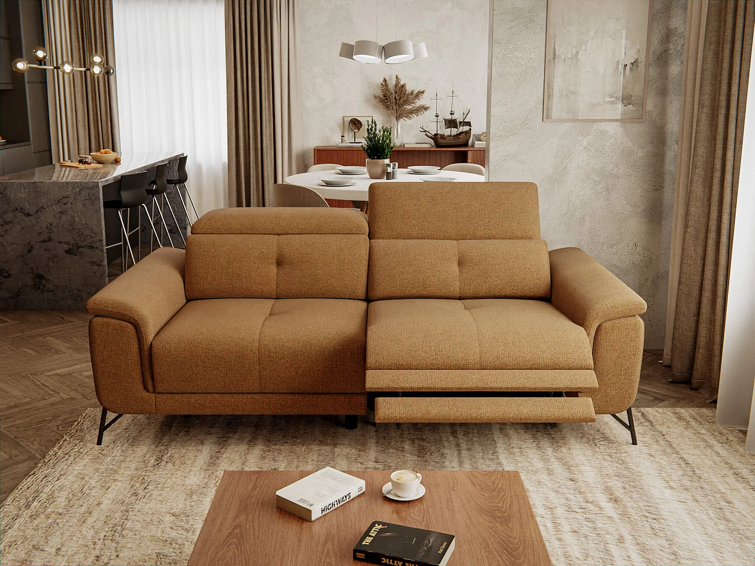 AVENA Sofa 3-Sitzer mit 1 Relaxfunktion und verstellbare Kopfstützen, orange