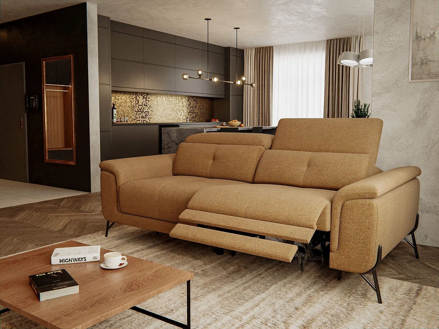 AVENA Sofa 3-Sitzer mit 1 Relaxfunktion und verstellbare Kopfstützen, orange