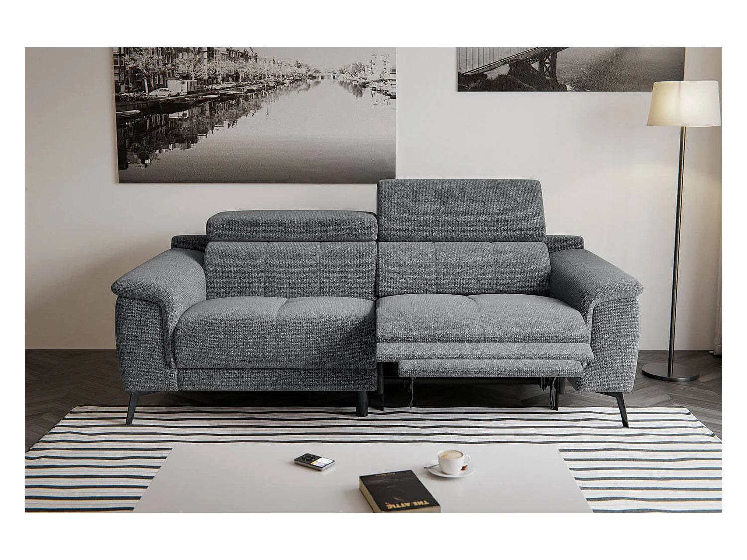 Canapé droit Fiero 3 places avec un relax électrique côté droit tissu gris