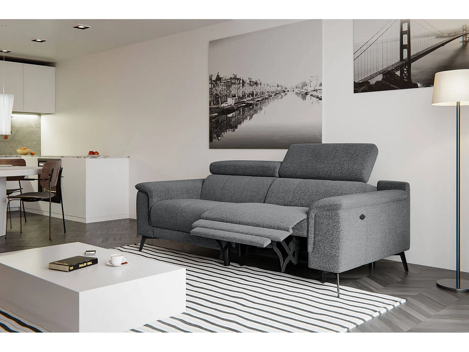 FIERO Sofa 3-Sitzer mit 1 Relaxfunktion und verstellbare Kopfstützen, grau