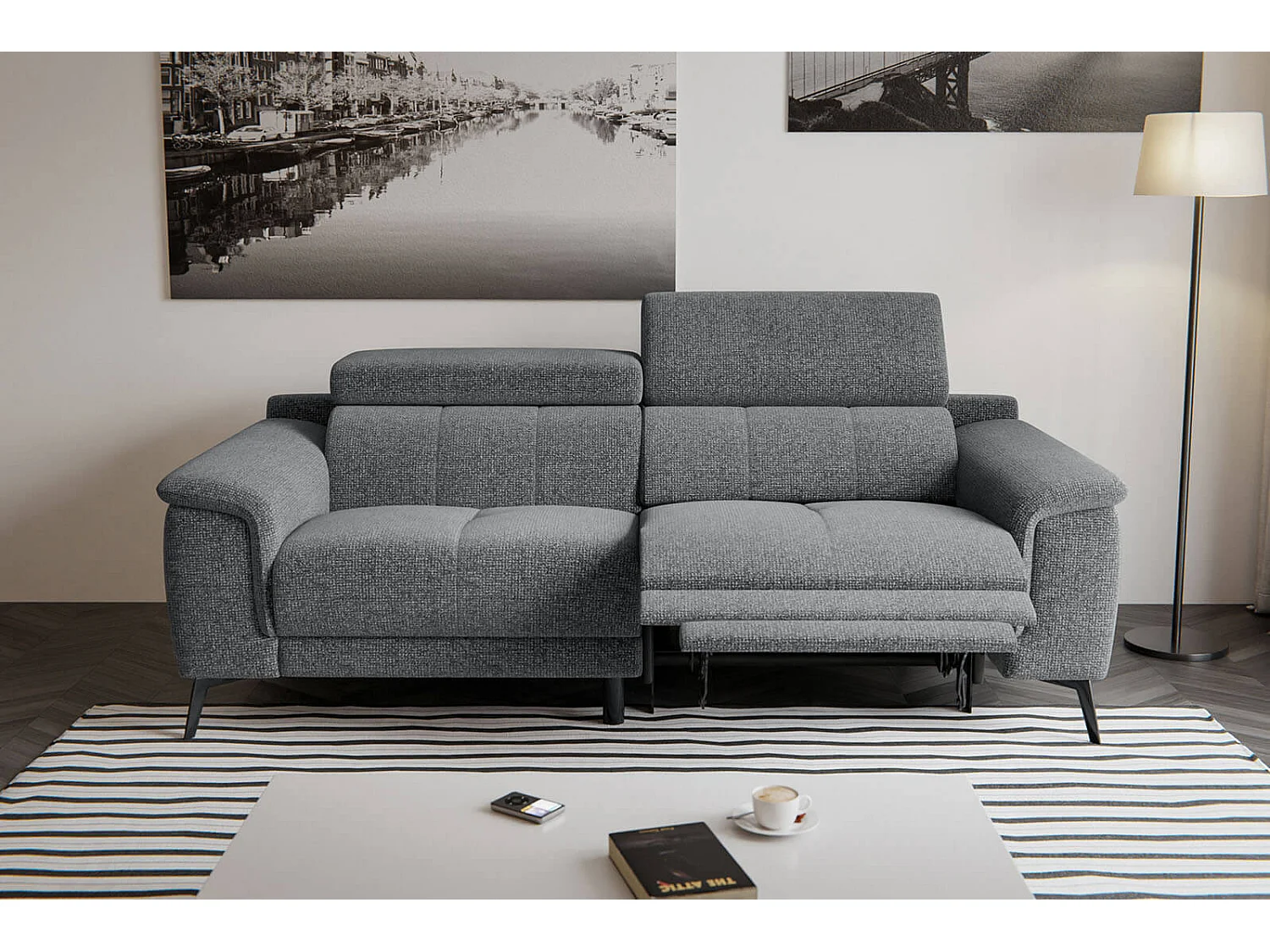 Canapé droit Fiero 3 places avec un relax électrique côté droit tissu gris