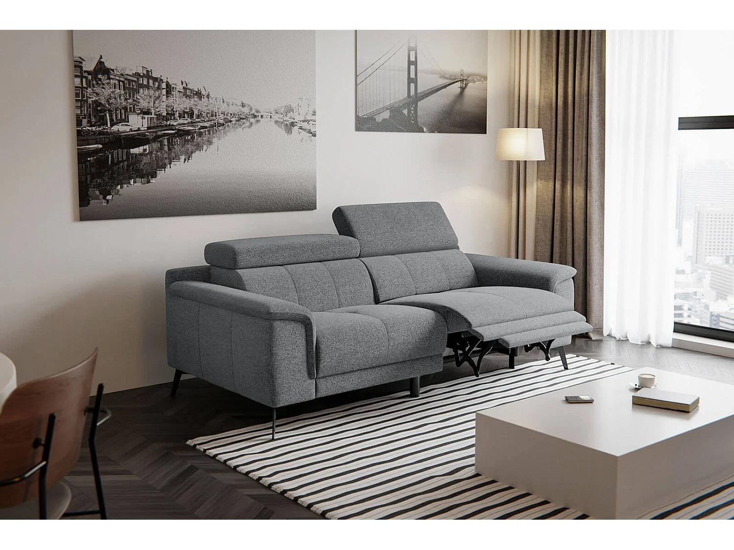 Canapé droit Fiero 3 places avec un relax électrique côté droit tissu gris