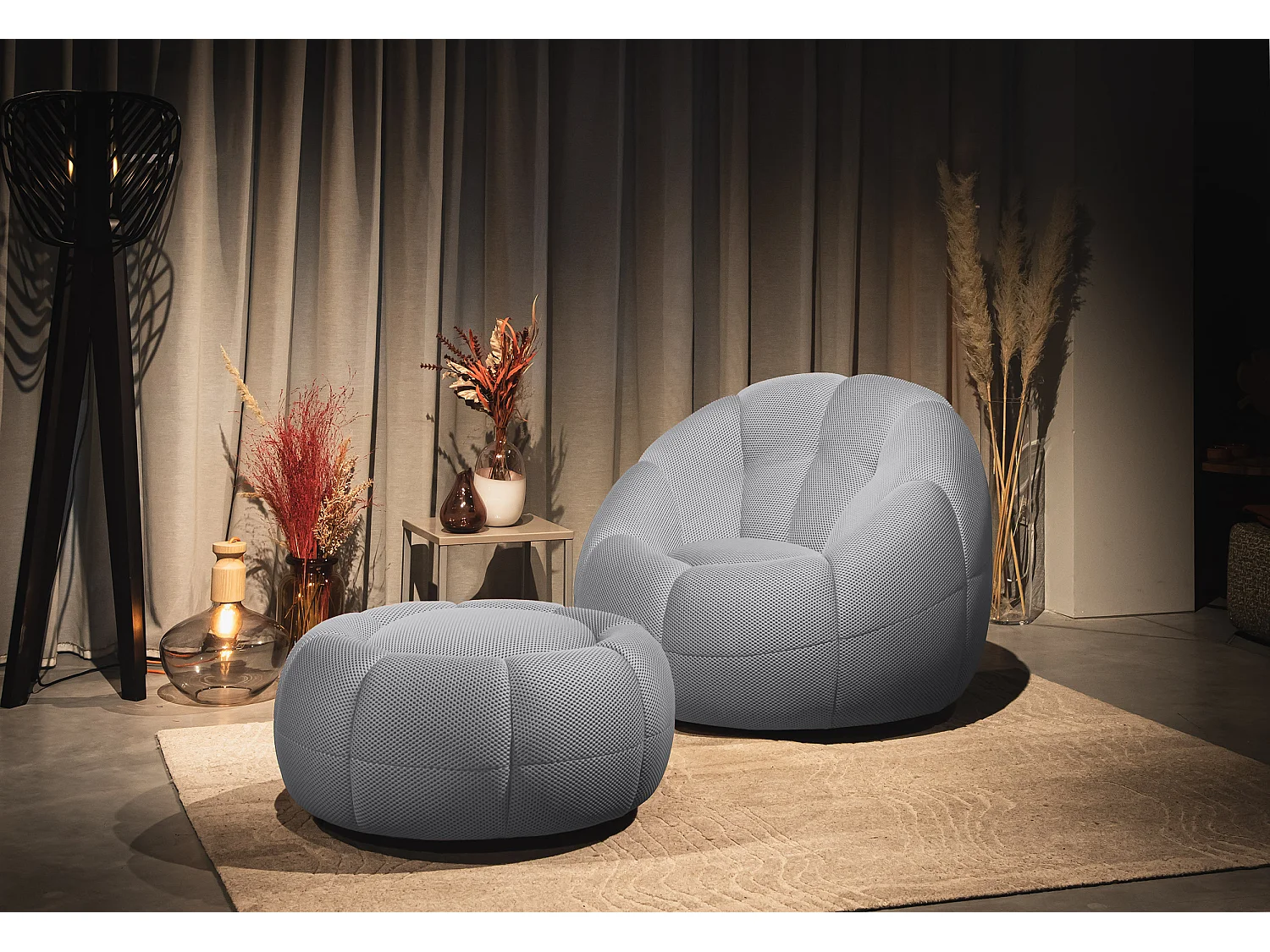 Fauteuil avec pouf tissu gris clair - FIGO et FAGO