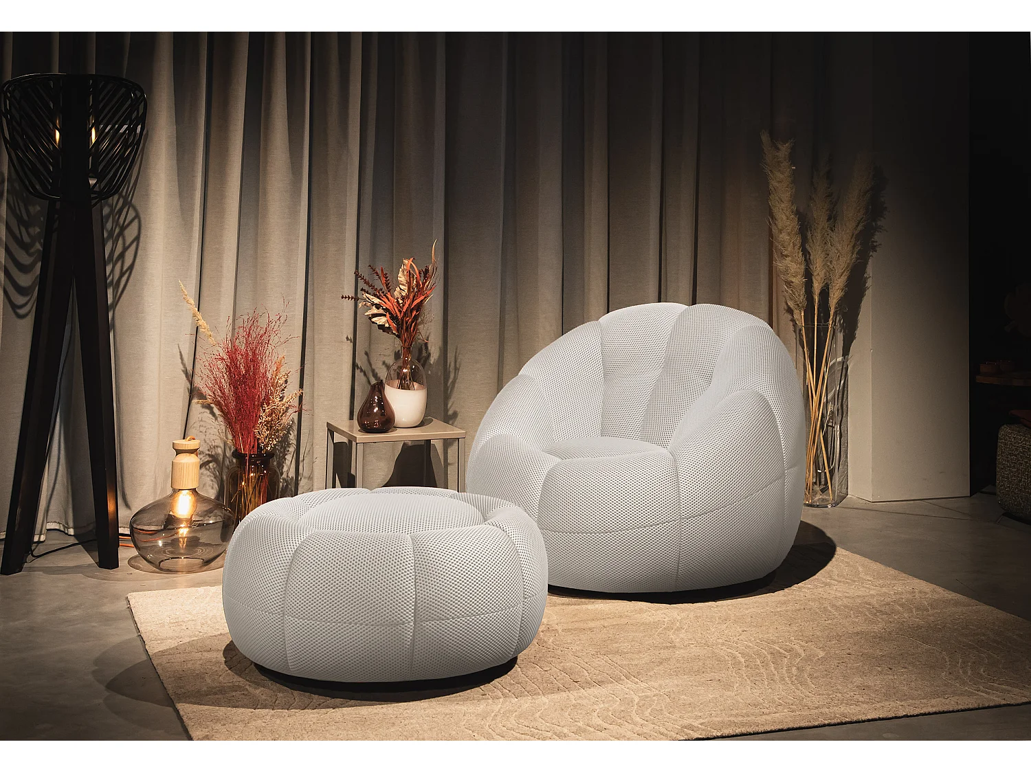 Fauteuil avec pouf tissu écru - FIGO et FAGO