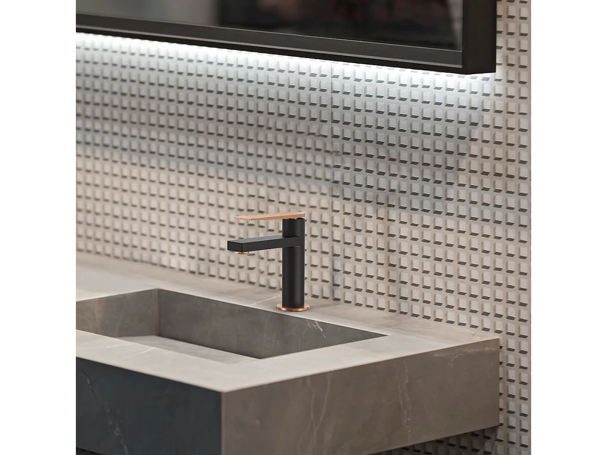 Allure mezclador bajo de lavabo en negro y oro rosa Essebagno