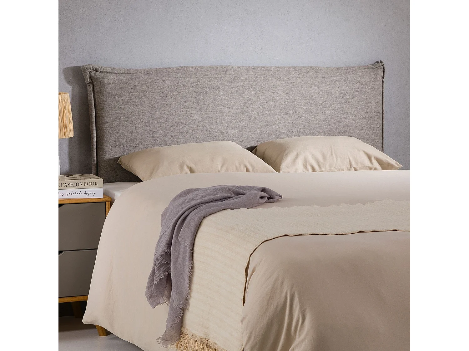 Tête de lit VINCEL 160 rembourrée, En tissu polyester pour lit 160 cm, Sur pieds en bois, Gris
