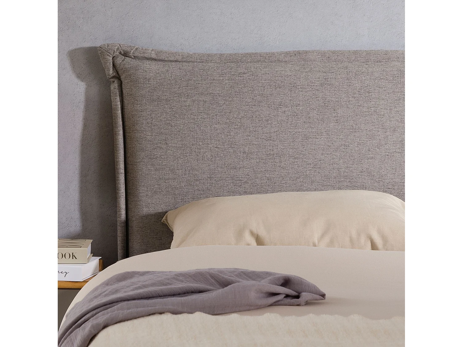 Tête de lit VINCEL 160 rembourrée, En tissu polyester pour lit 160 cm, Sur pieds en bois, Gris