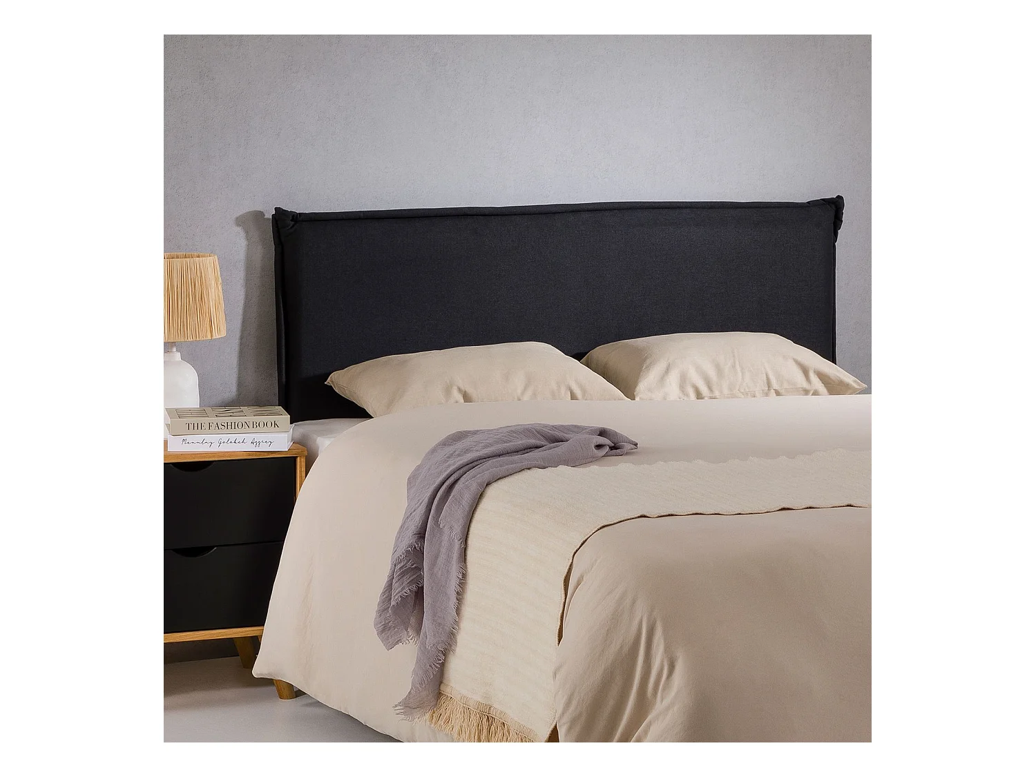 Tête de lit VINCEL 160 rembourrée, En tissu polyester pour lit 160 cm, Sur pieds en bois, Noir