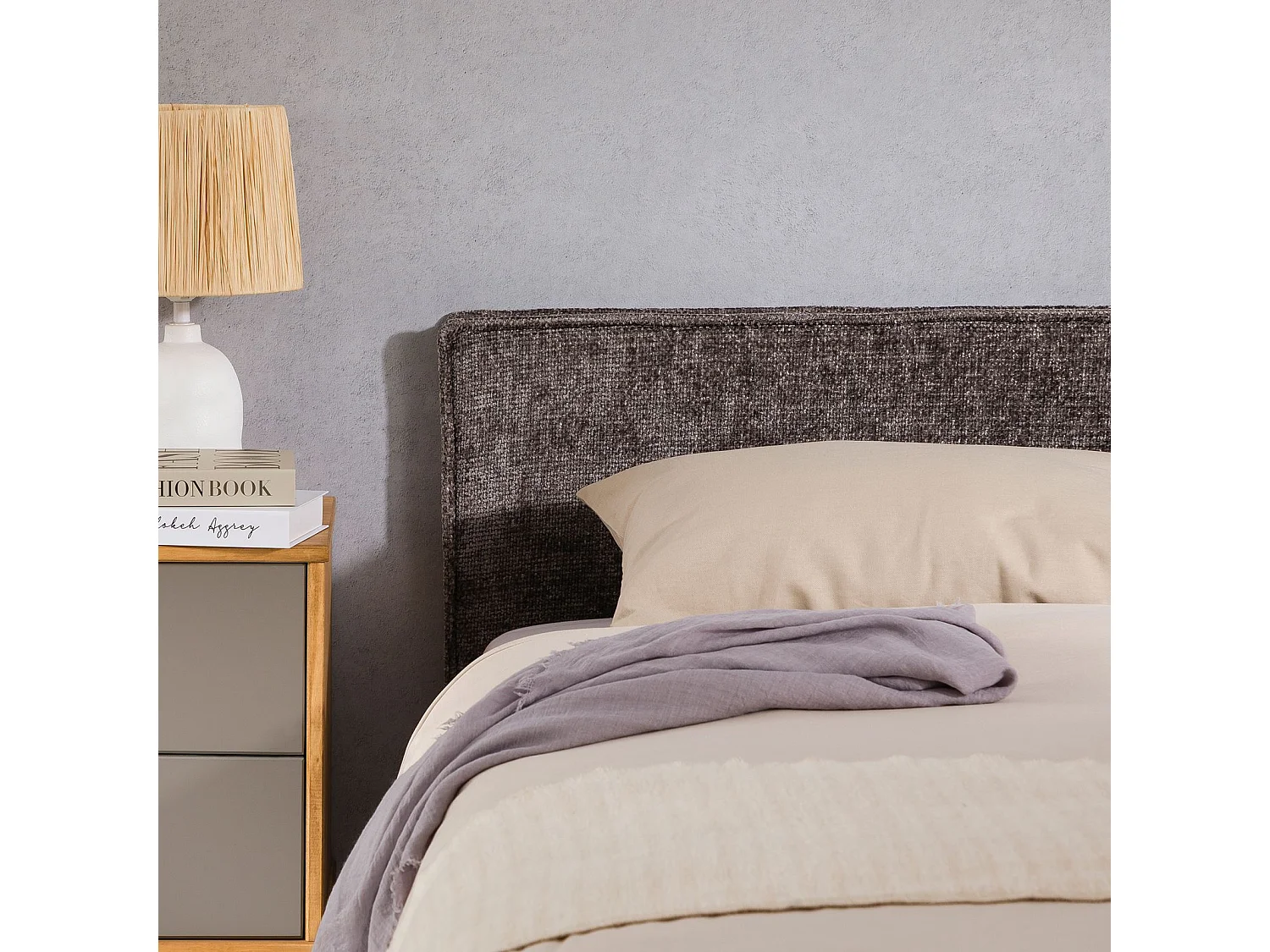 Tête de lit YOLAN 90 rembourrée, En tissu polyester pour lit 90 cm, Sur pieds en plastique, Gris