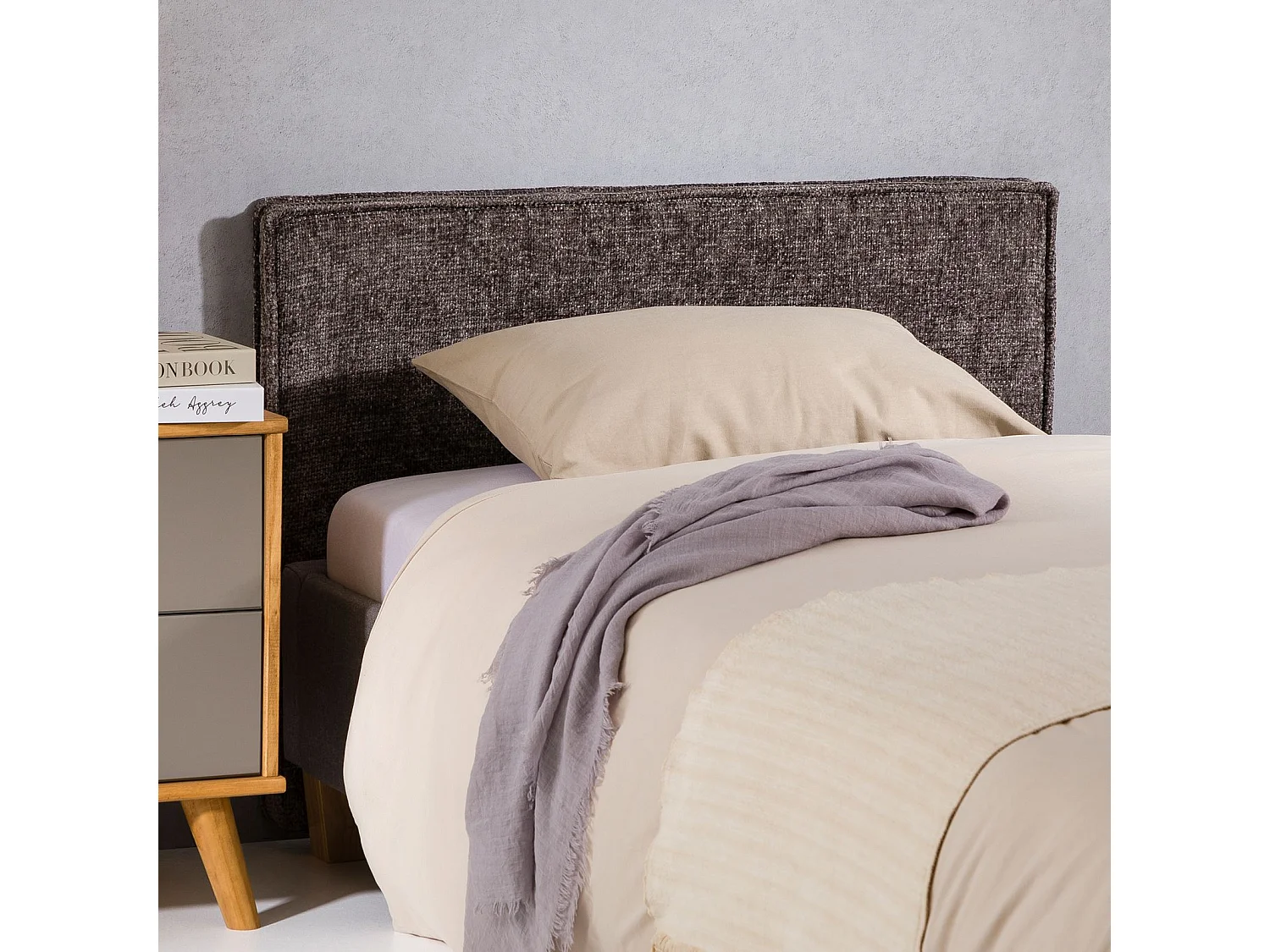 Tête de lit YOLAN 90 rembourrée, En tissu polyester pour lit 90 cm, Sur pieds en plastique, Gris