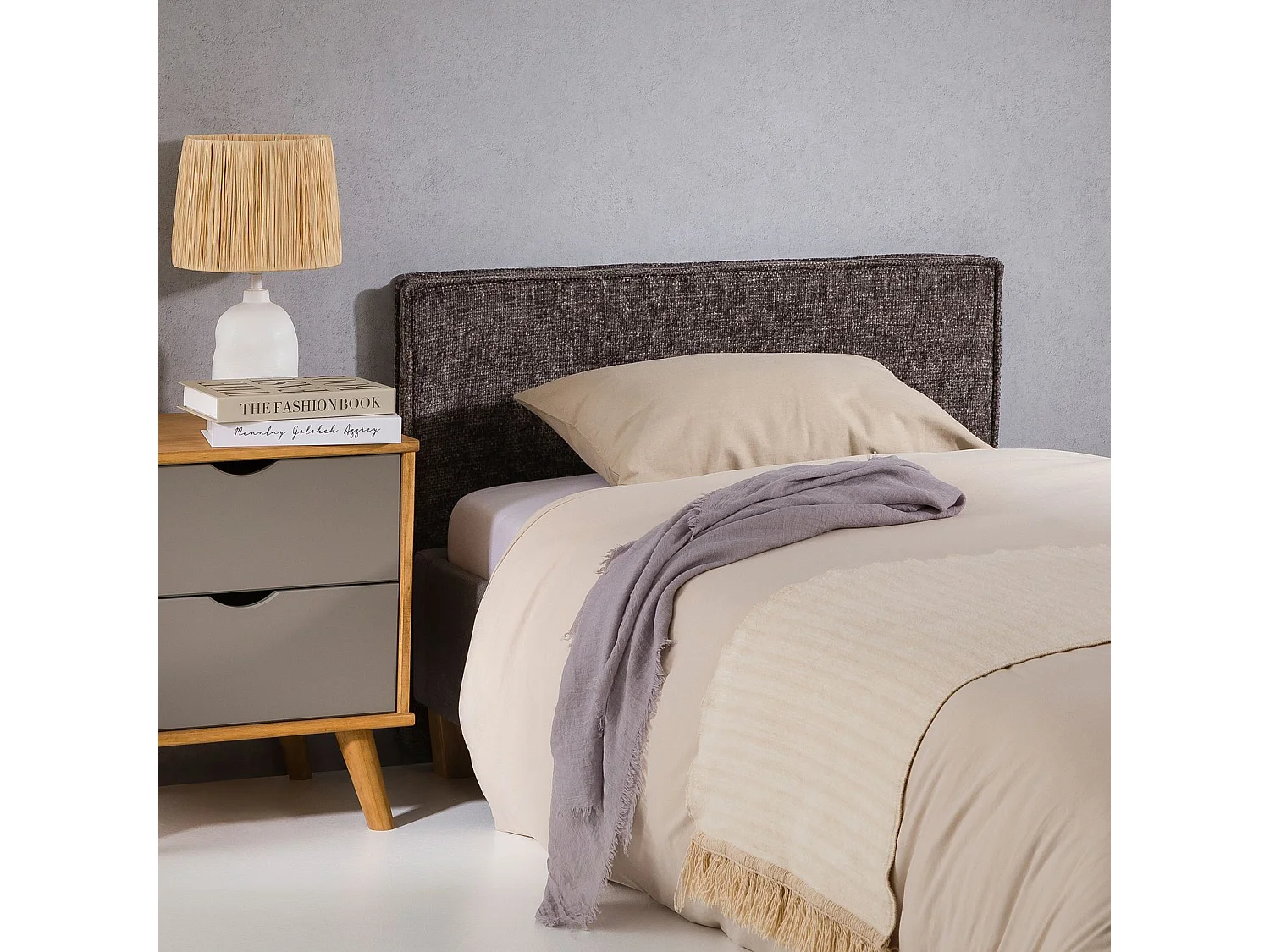 Tête de lit YOLAN 90 rembourrée, En tissu polyester pour lit 90 cm, Sur pieds en plastique, Gris