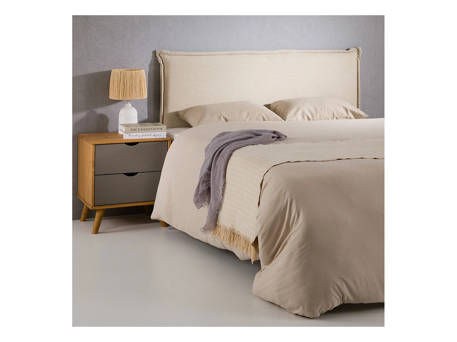 Tête de lit VINCEL 160 rembourrée, En tissu polyester pour lit 160 cm, Sur pieds en bois, Écru