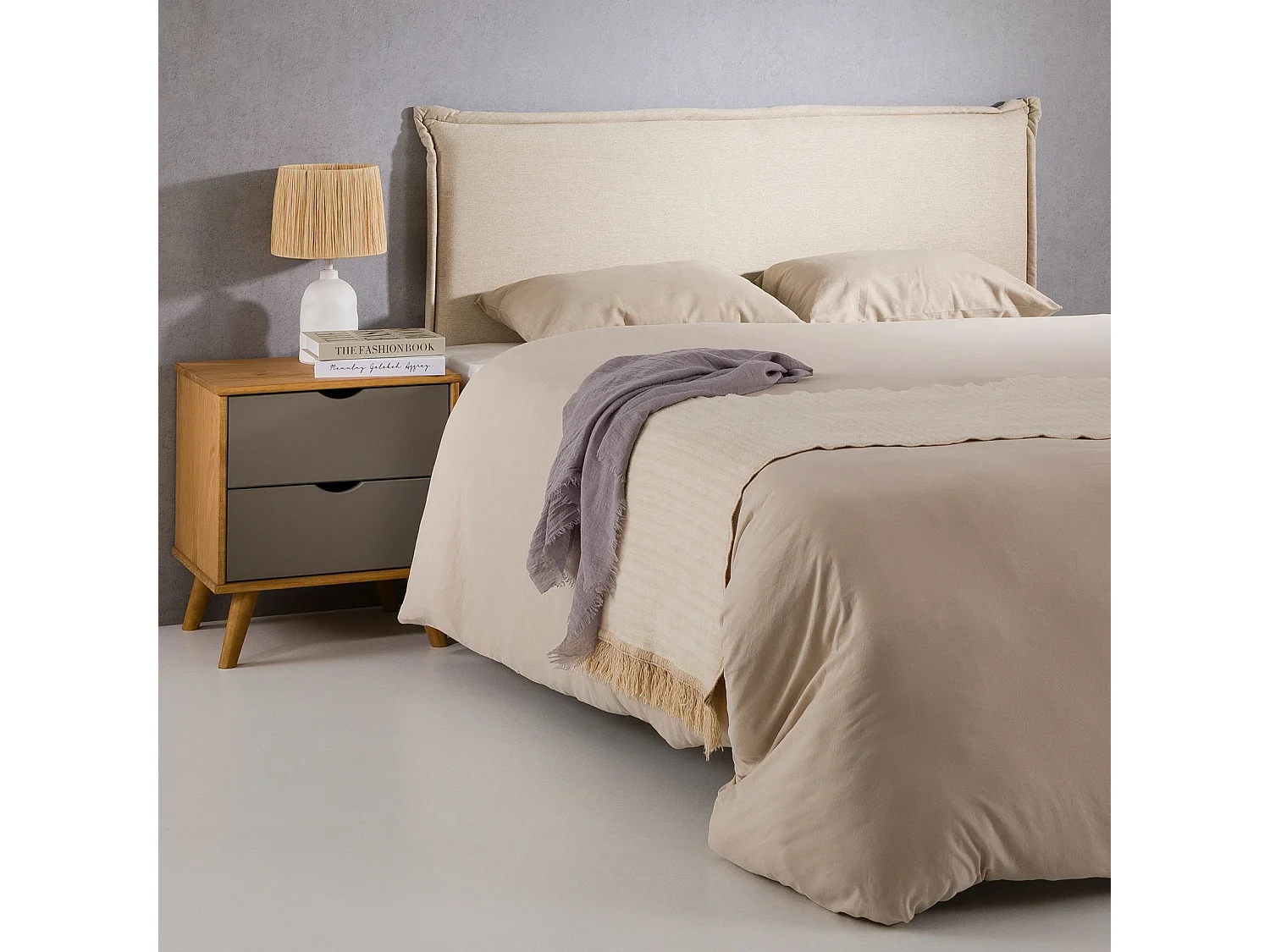 Tête de lit VINCEL 160 rembourrée, En tissu polyester pour lit 160 cm, Sur pieds en bois, Écru