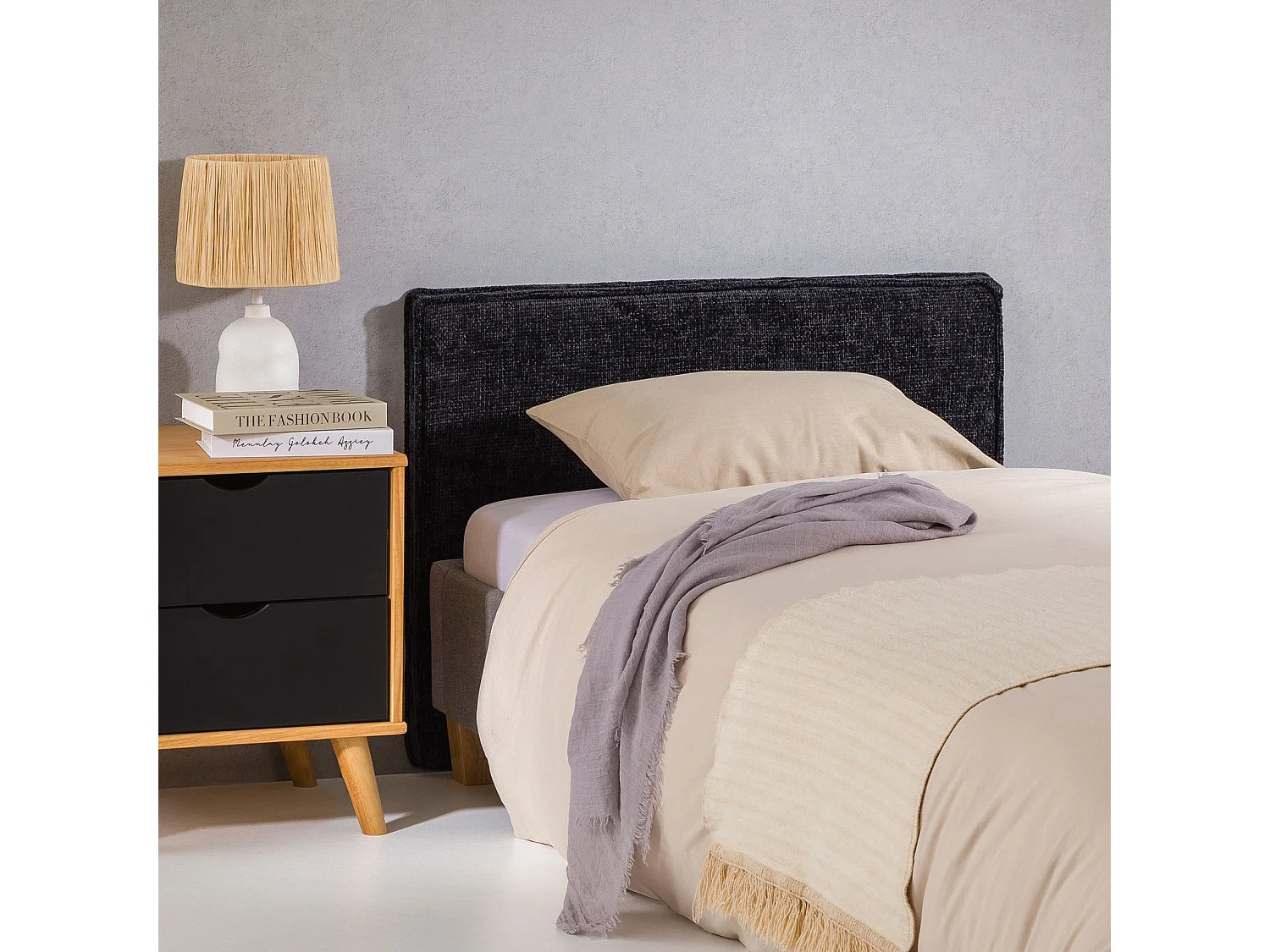 Tête de lit YOLAN 90 rembourrée, En tissu polyester pour lit 90 cm, Sur pieds en plastique, Noir