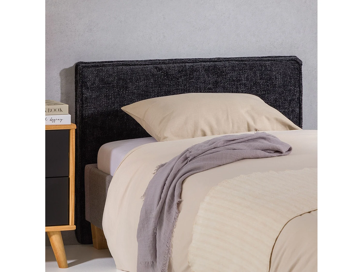 Tête de lit YOLAN 90 rembourrée, En tissu polyester pour lit 90 cm, Sur pieds en plastique, Noir