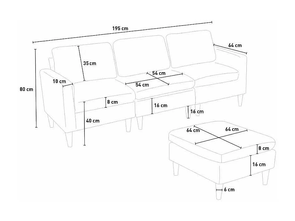 Canapé 3 places avec méridienne et accoudoirs en tissu de salon moderne Steffy - Noir