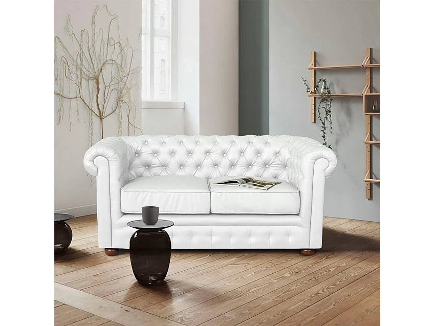 Chesterfield Design 2 Sitzer Capitonné Kunstleder Sofa - Weiß
