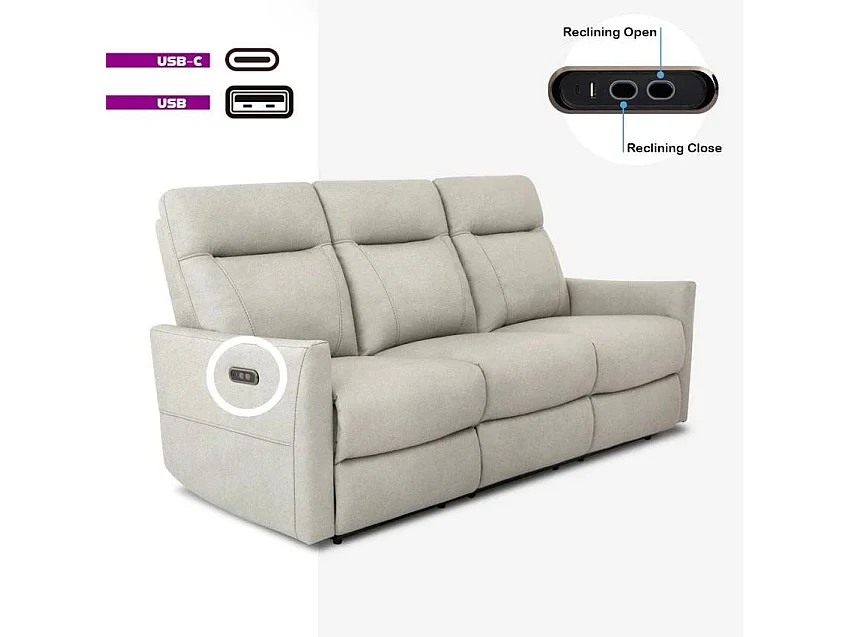 Sofá de 3 plazas con mecanisco de relax eléctrico, reclinable y 2 puertos USB en polipiel Jovit - Gris