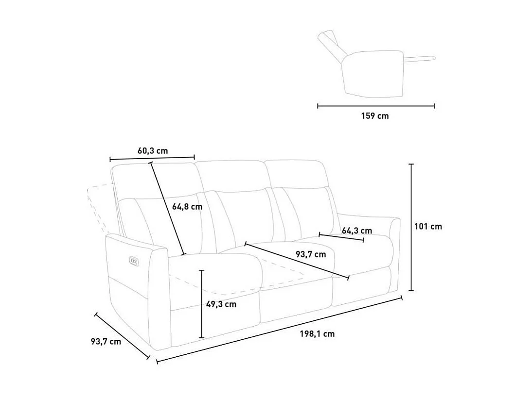 Sofá de 3 plazas con mecanisco de relax eléctrico, reclinable y 2 puertos USB en polipiel Jovit - Gris
