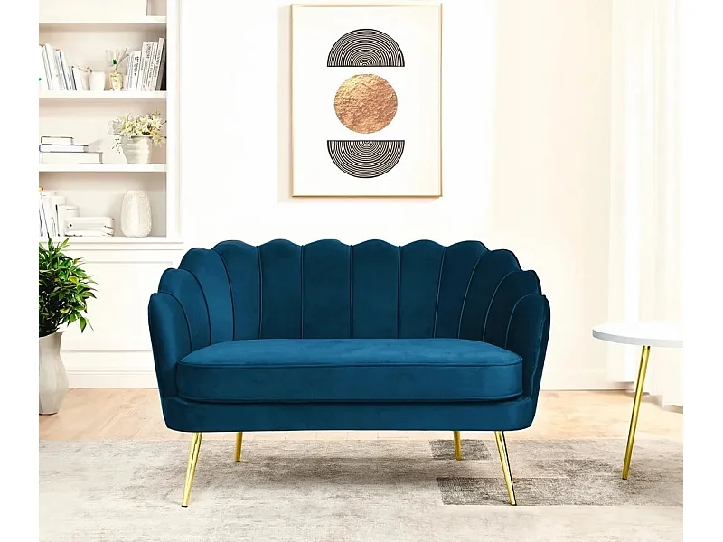Schalensofa 2-Sitzer aus Samt im Vintage-Stil mit goldfarbenen Beinen Balos - Blau