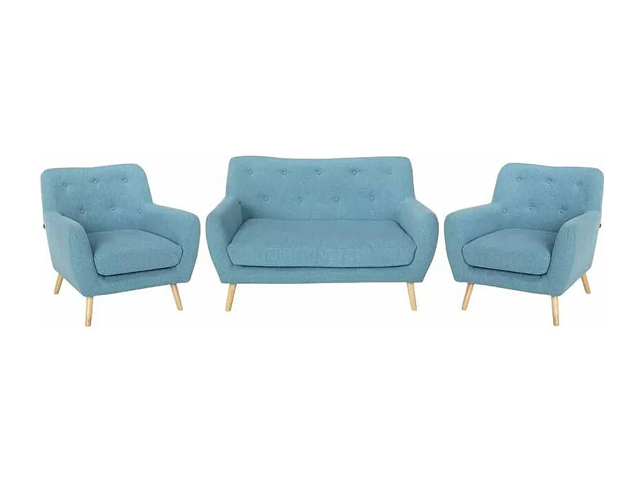 Juego de sofás 2 sillones diseño escandinavo y sofá 2 plazas madera tejido Cleis - Azul Marino