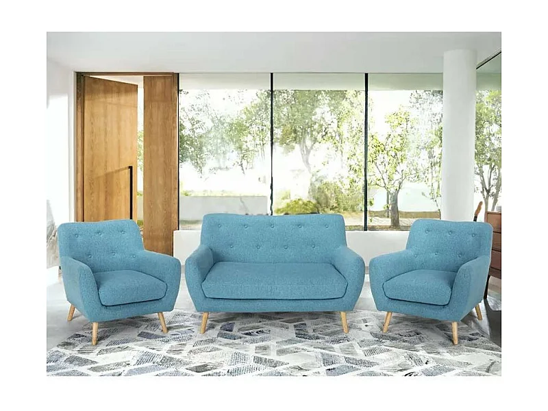 Juego de sofás 2 sillones diseño escandinavo y sofá 2 plazas madera tejido Cleis - Azul Marino