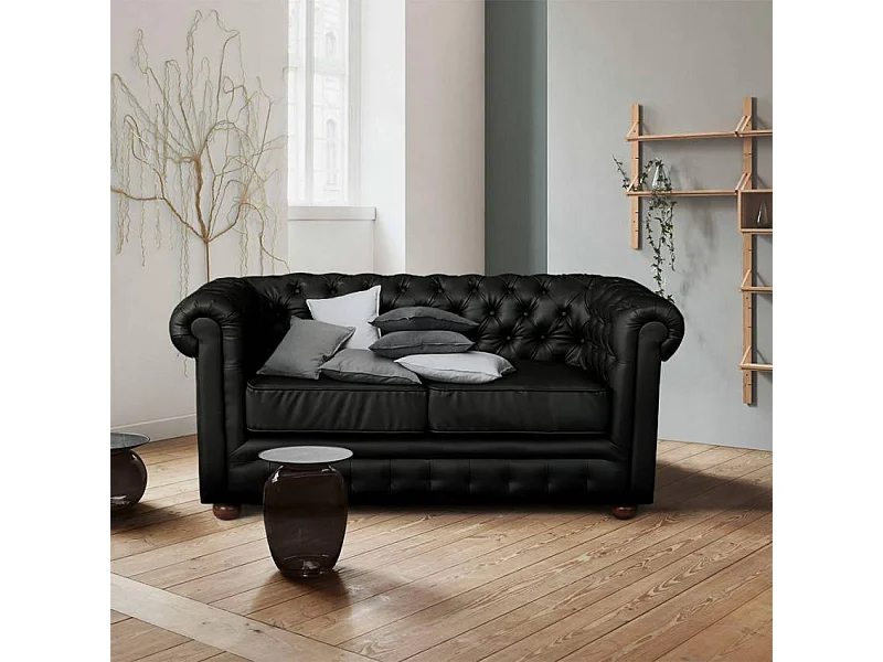 Sofá de Cuero polipiel 2 Plazas Capitoné Diseño ChesterFIELD - Negro