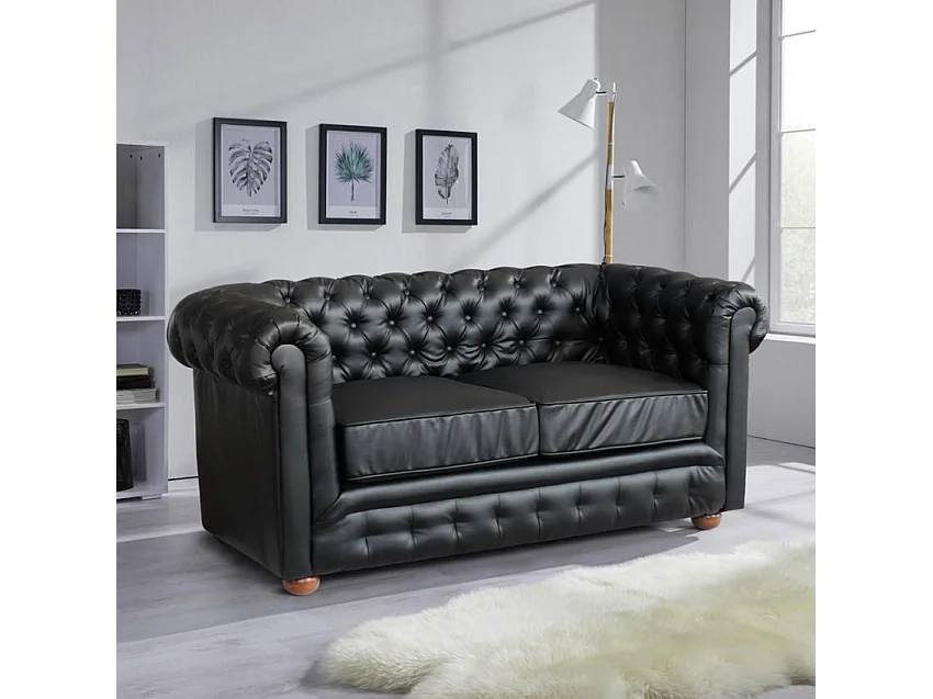 Sofá de Cuero polipiel 2 Plazas Capitoné Diseño ChesterFIELD - Negro
