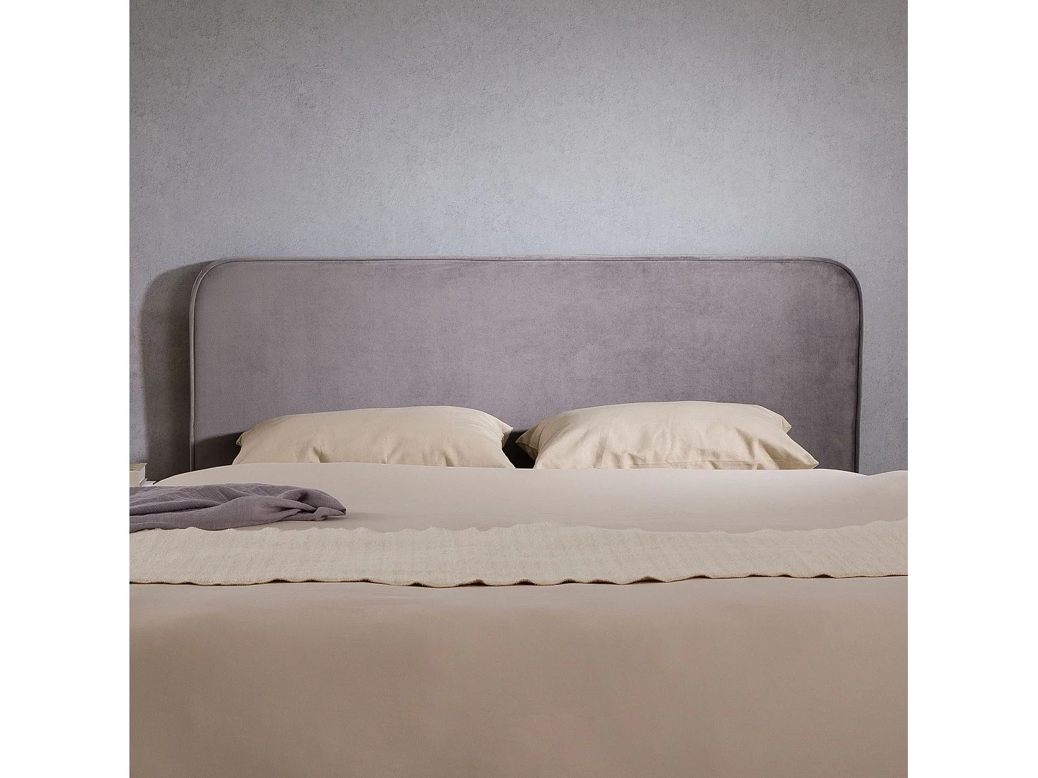 Tête de lit PILOV 140, En tissu rembourré, Fixation murale Design arrondi moderne, Pour lit 140 cm ou moins, Gris