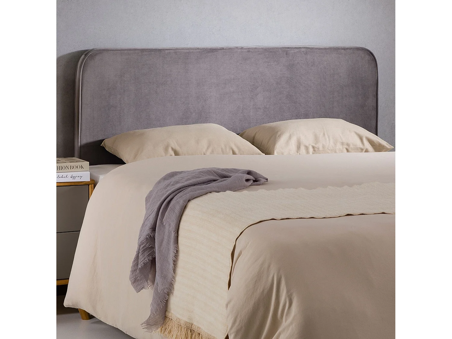 Tête de lit PILOV 140, En tissu rembourré, Fixation murale Design arrondi moderne, Pour lit 140 cm ou moins, Gris
