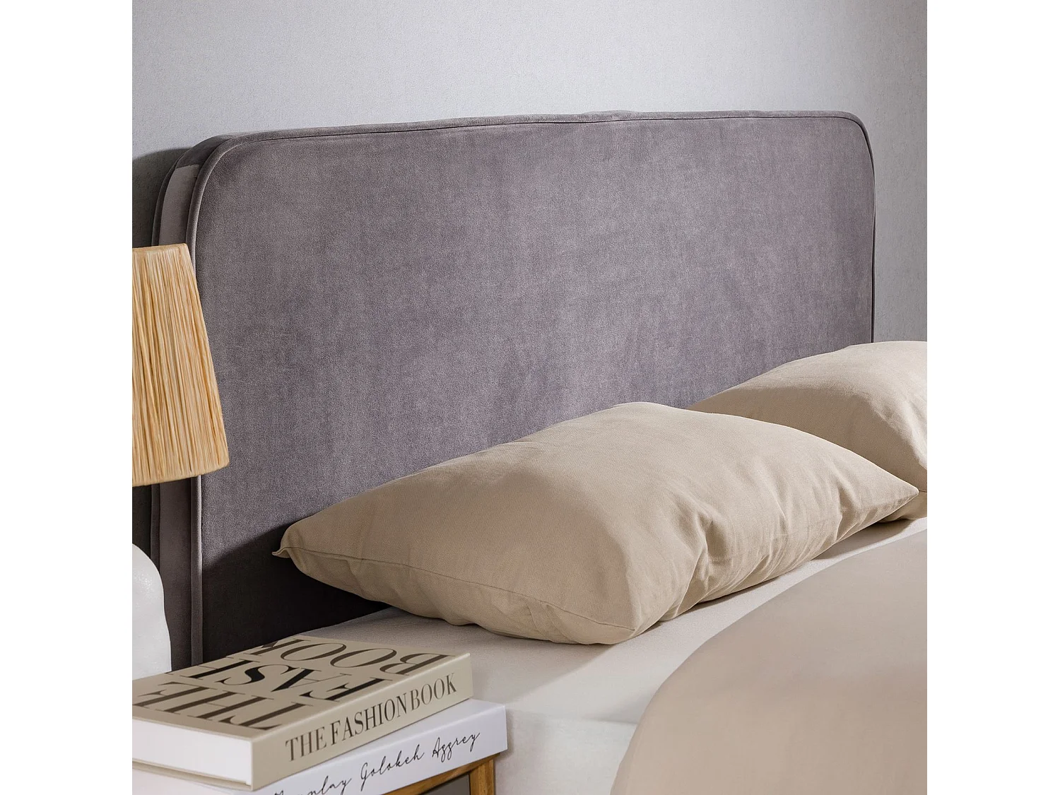 Tête de lit PILOV 140, En tissu rembourré, Fixation murale Design arrondi moderne, Pour lit 140 cm ou moins, Gris
