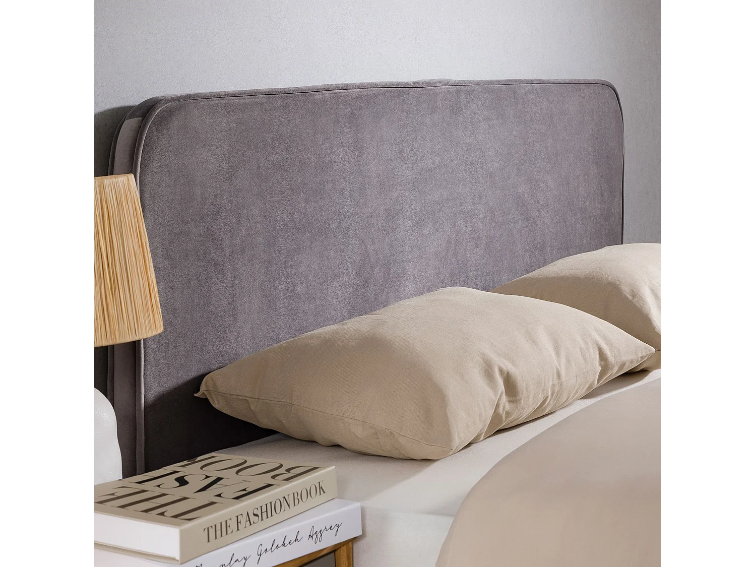 Tête de lit NOVARE 160, En tissu rembourré, Fixation murale Design arrondi moderne, Pour lit 160 cm ou moins, Gris