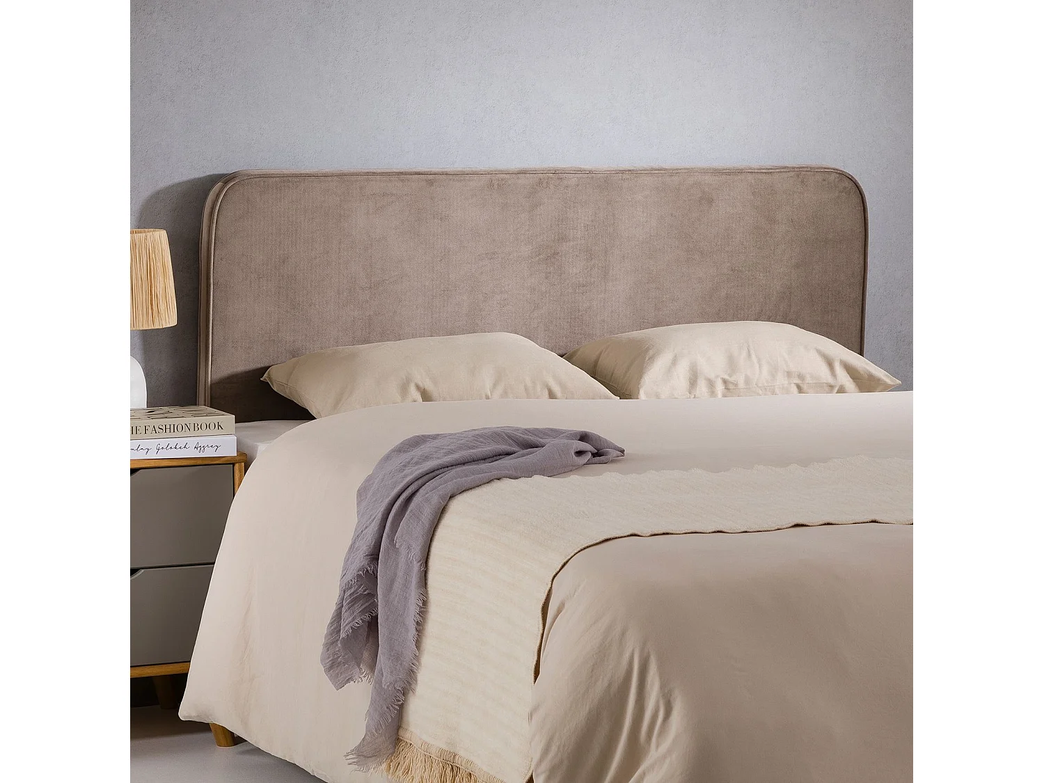 Tête de lit PILOV 140, En tissu rembourré, Fixation murale Design arrondi moderne, Pour lit 140 cm ou moins, Grège