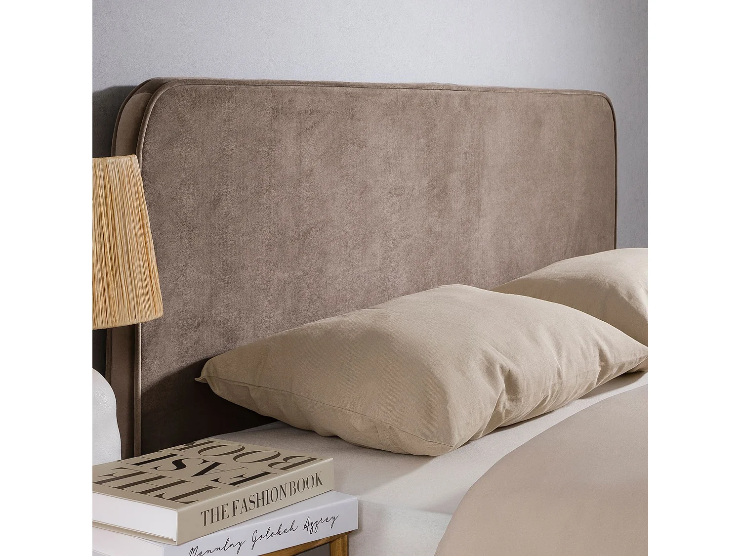 Tête de lit PILOV 140, En tissu rembourré, Fixation murale Design arrondi moderne, Pour lit 140 cm ou moins, Grège