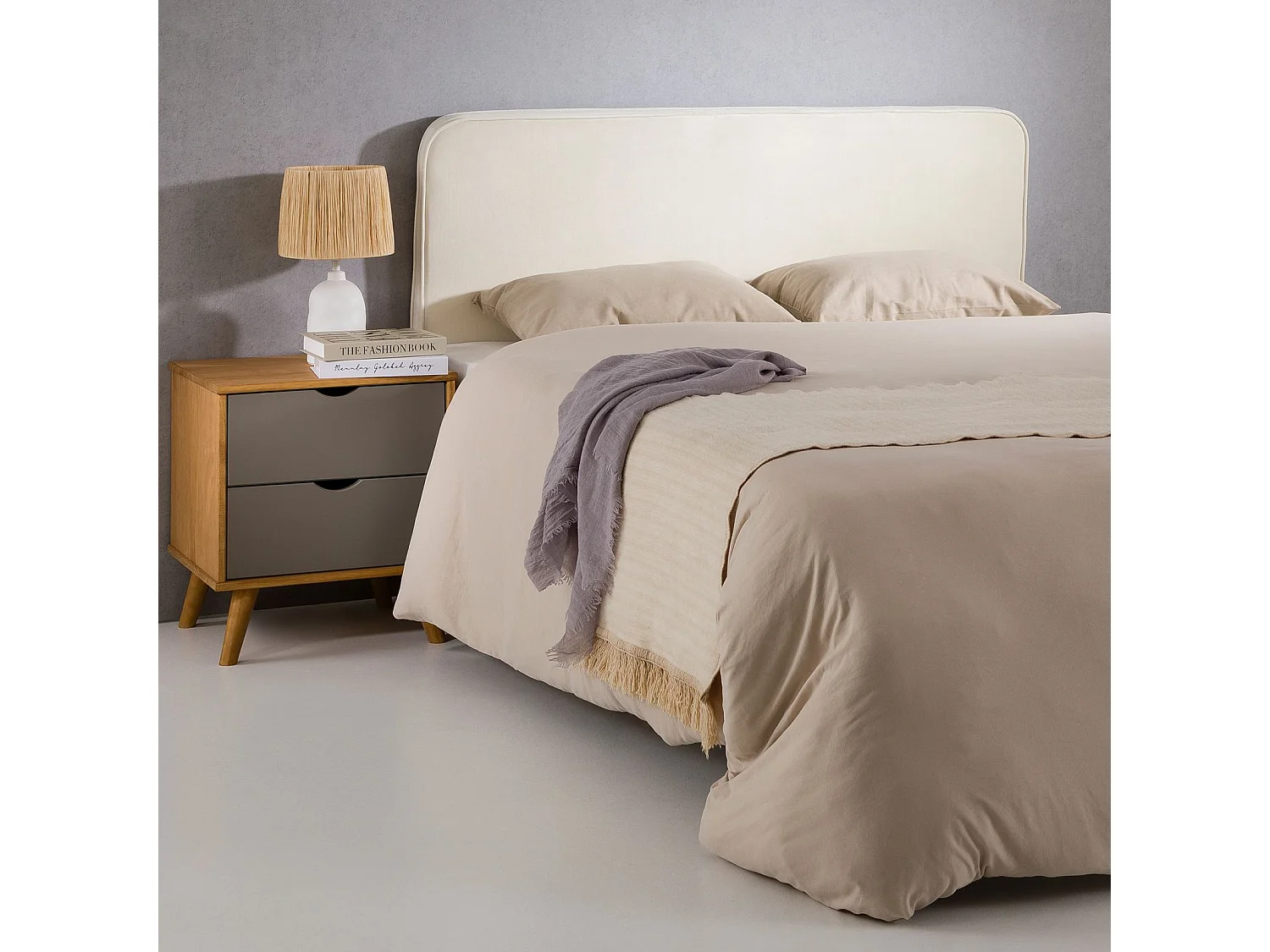 Tête de lit NOVARE 160, En tissu rembourré, Fixation murale Design arrondi moderne, Pour lit 160 cm ou moins, Blanc crème