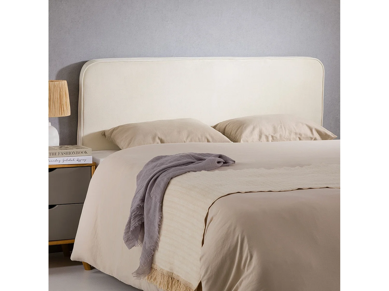 Tête de lit NOVARE 160, En tissu rembourré, Fixation murale Design arrondi moderne, Pour lit 160 cm ou moins, Blanc crème