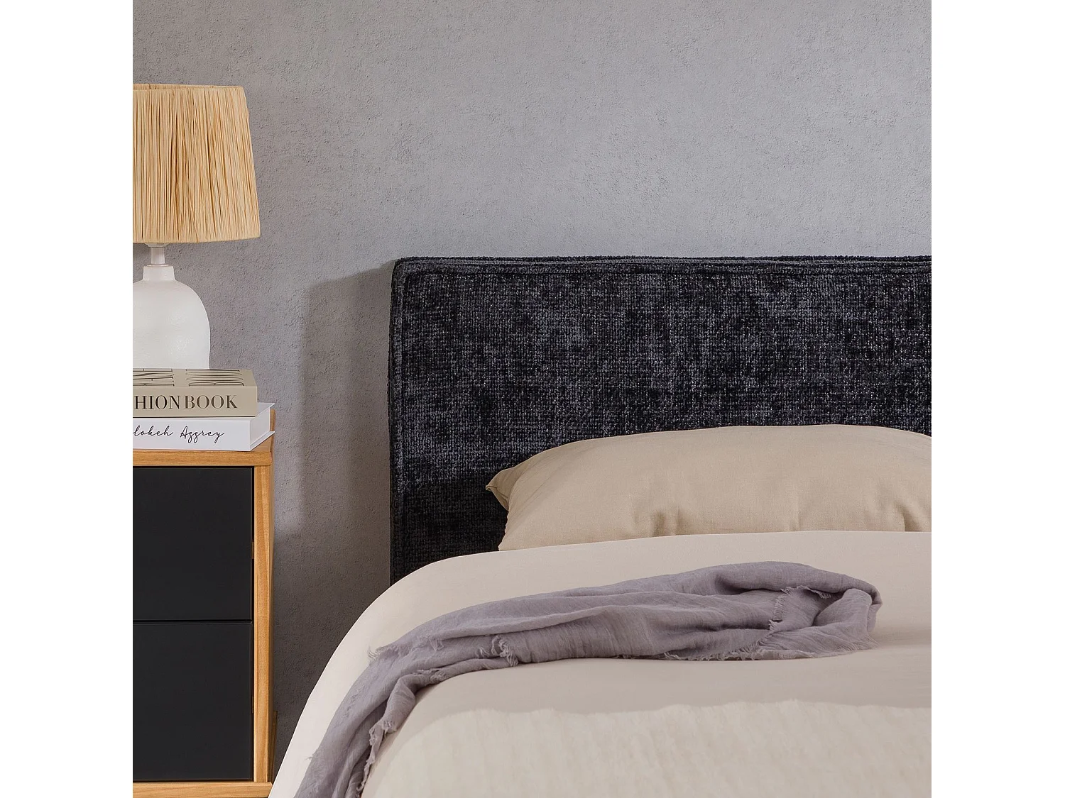 Tête de lit LORETTE 120 rembourrée, En tissu polyester pour lit 120 cm, Sur pieds en plastique, Noir