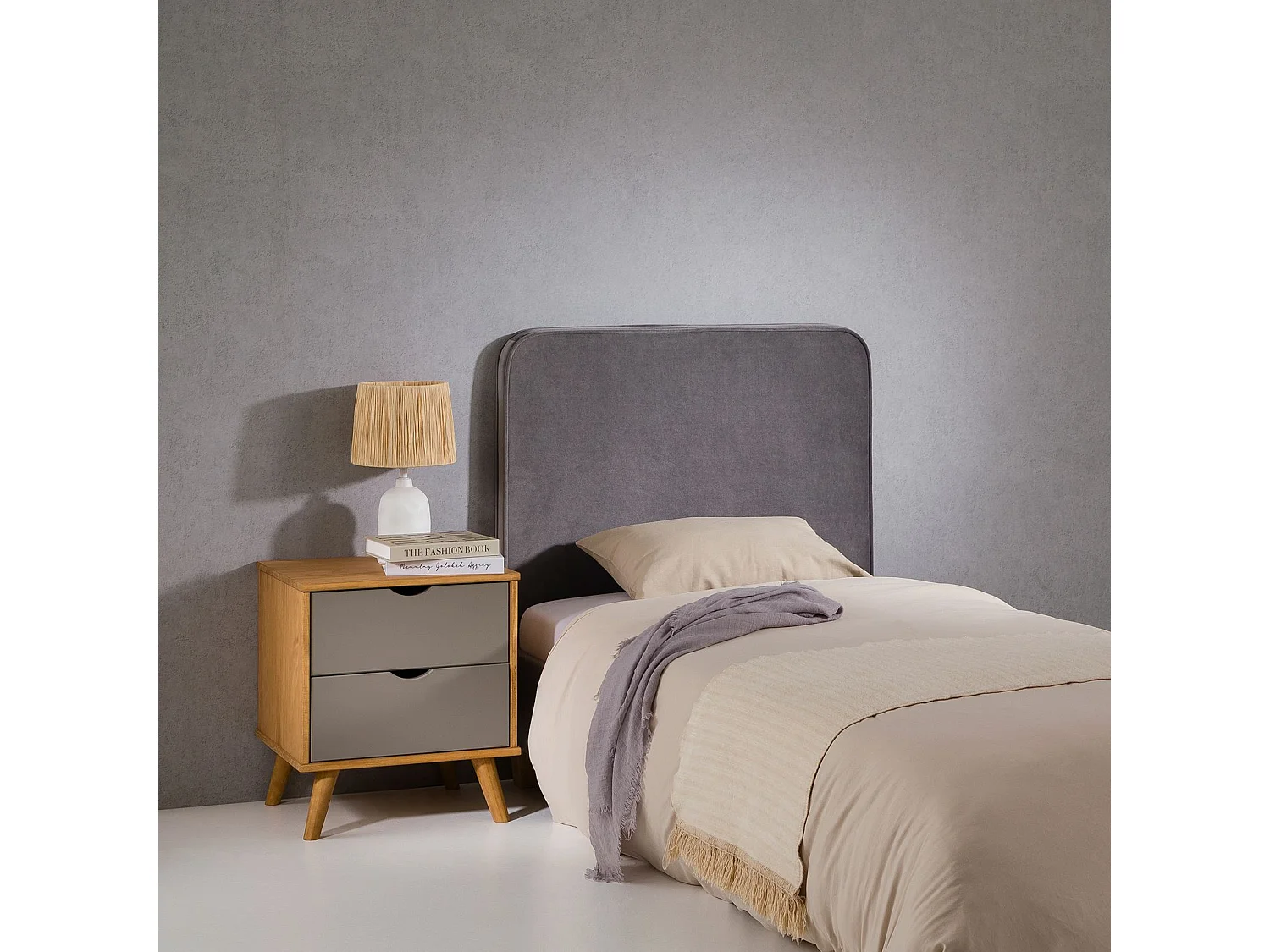 Tête de lit LUNAR 90, En tissu rembourré, Fixation murale Design arrondi moderne, Pour lit 90 cm ou moins, Gris