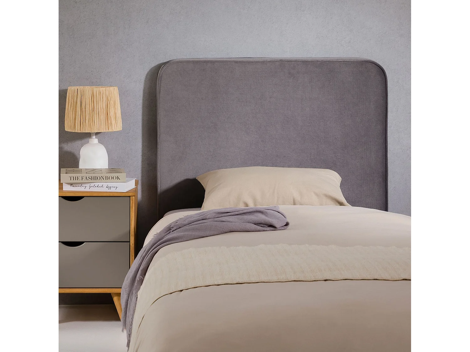 Tête de lit LUNAR 90, En tissu rembourré, Fixation murale Design arrondi moderne, Pour lit 90 cm ou moins, Gris