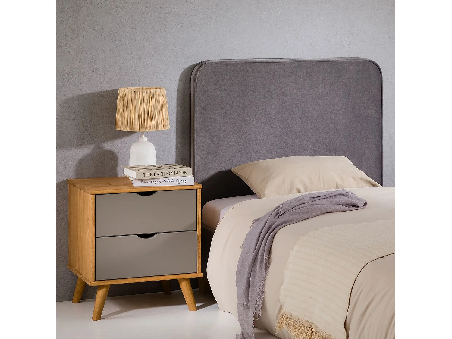 Tête de lit LUNAR 90, En tissu rembourré, Fixation murale Design arrondi moderne, Pour lit 90 cm ou moins, Gris