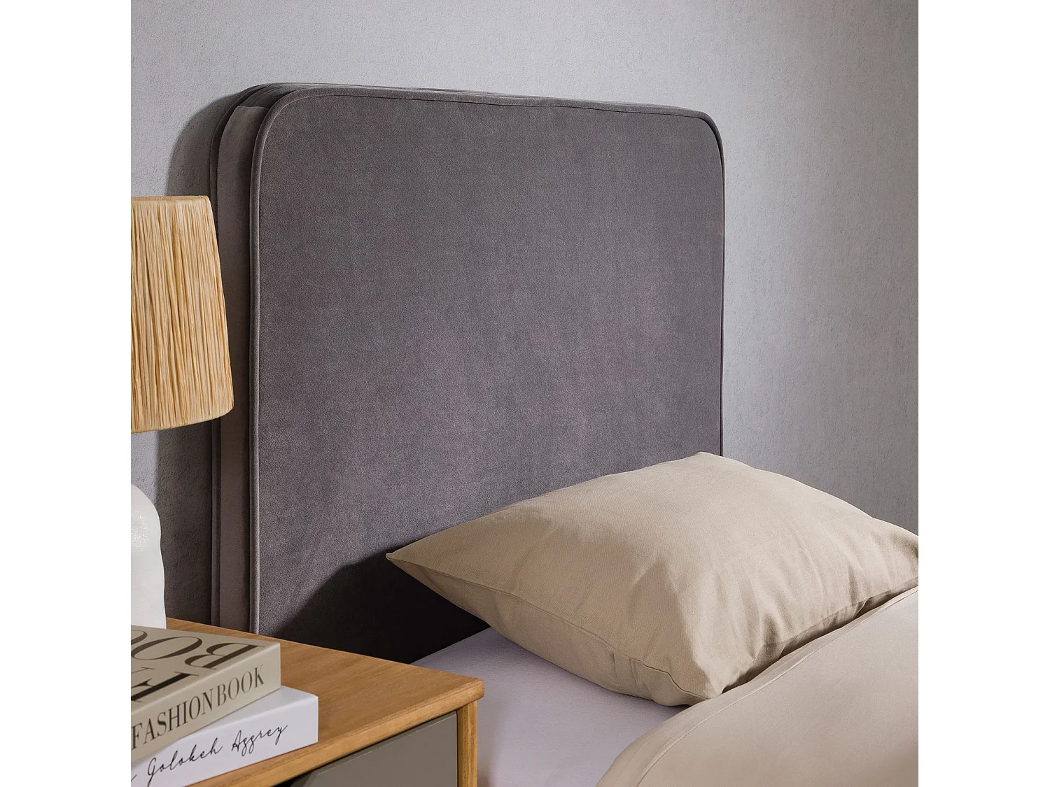 Tête de lit LUNAR 90, En tissu rembourré, Fixation murale Design arrondi moderne, Pour lit 90 cm ou moins, Gris