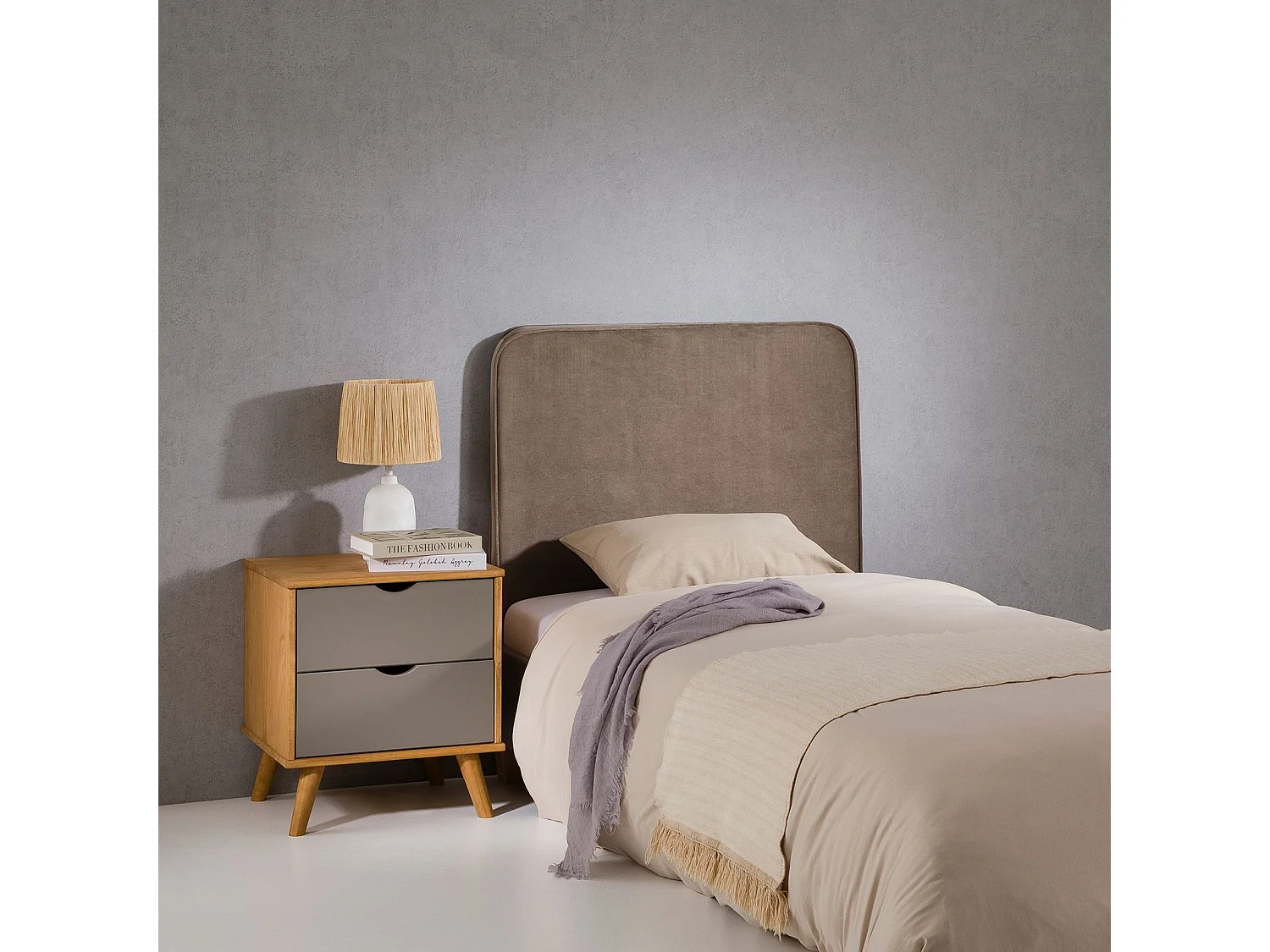 Tête de lit LUNAR 90, En tissu rembourré, Fixation murale Design arrondi moderne, Pour lit 90 cm ou moins, Grège